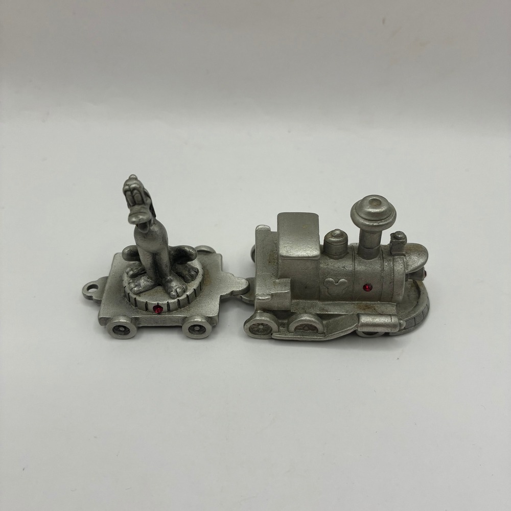 Disney Pewter Miniature Train Engine and Pluto Figurine with Red Rhinestones